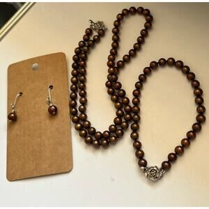 Vintage Brown Freshwater Pearl Knotted Rose 925 Clasp Set Bracelet Earrings